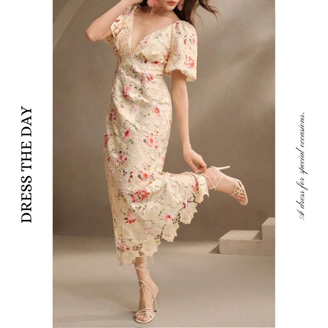 フラワーレースパフスリーブドレス W0082