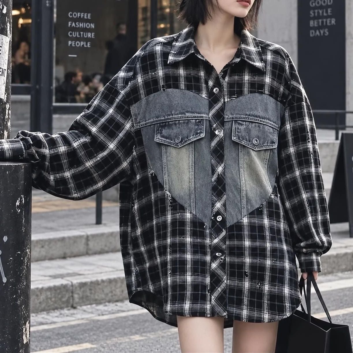 PANEL CHECKED OVERSIZED LONG SHIRT JACKET M-18734
