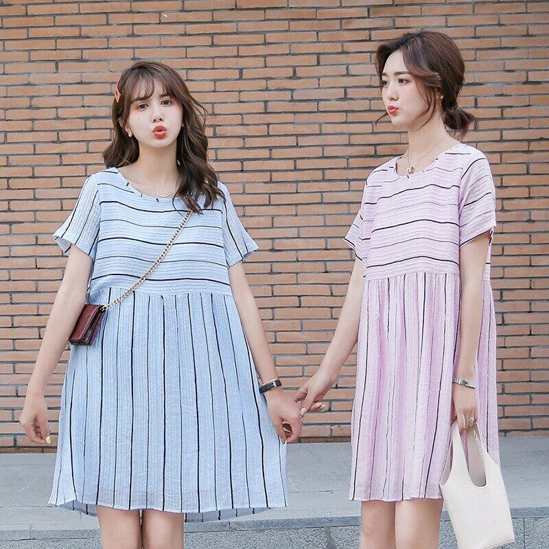 【新作】【送料無料】 マタニティウェア2020サマースタイル妊婦ルーズフィットドレススタイルミドル丈ストライプドレス 夏物 AL expec349472779339