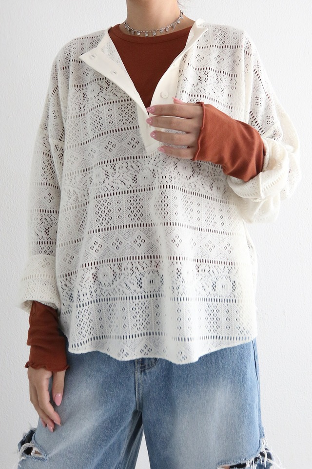 レースヘンリーネックロングTシャツ(26W22006K)