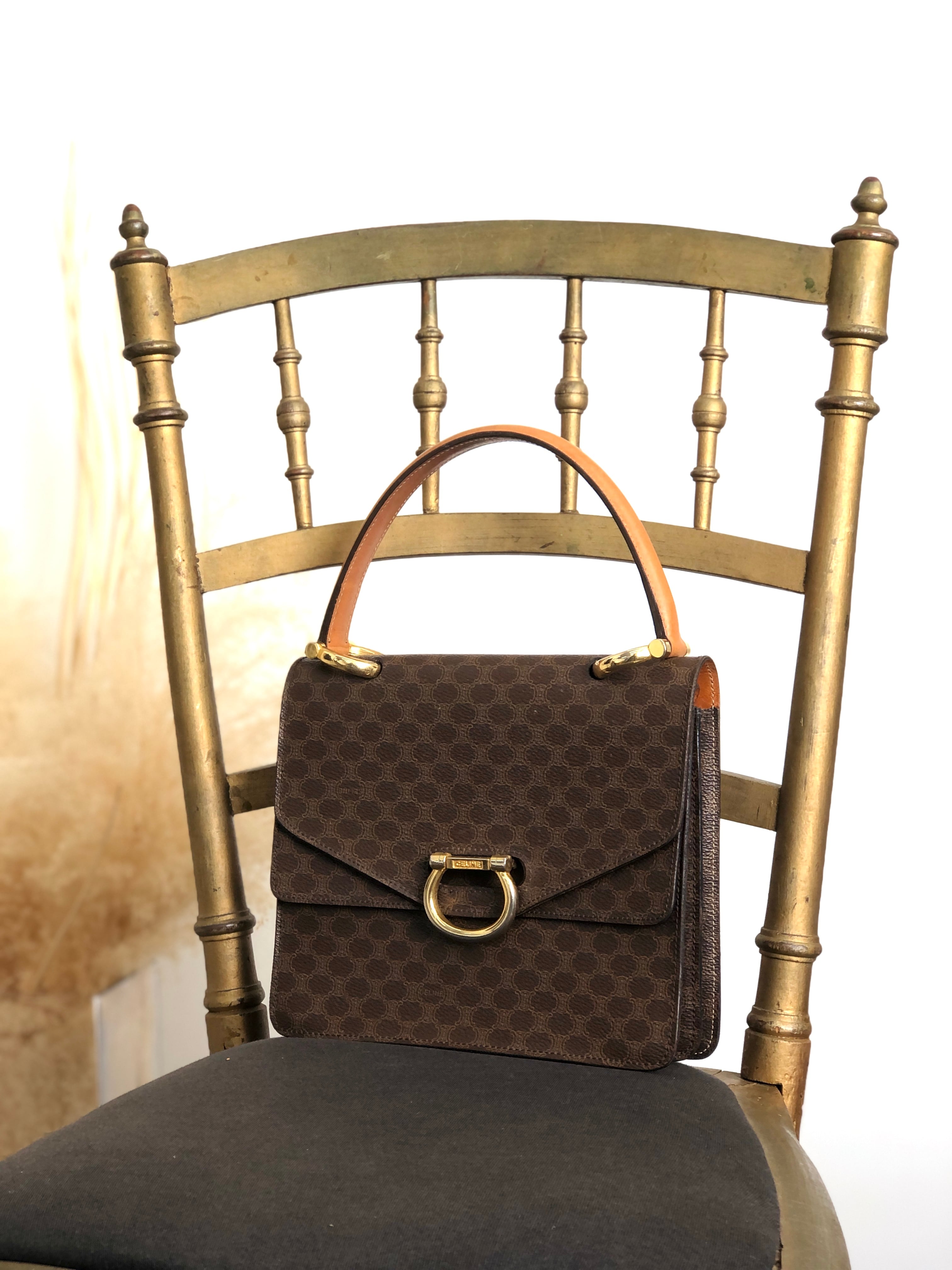 CELINE セリーヌ マカダム ハンドバッグ ブラウン ホースシュー PVCレザー ダブルフラップ vintage ヴィンテージ オールド ypryyk
