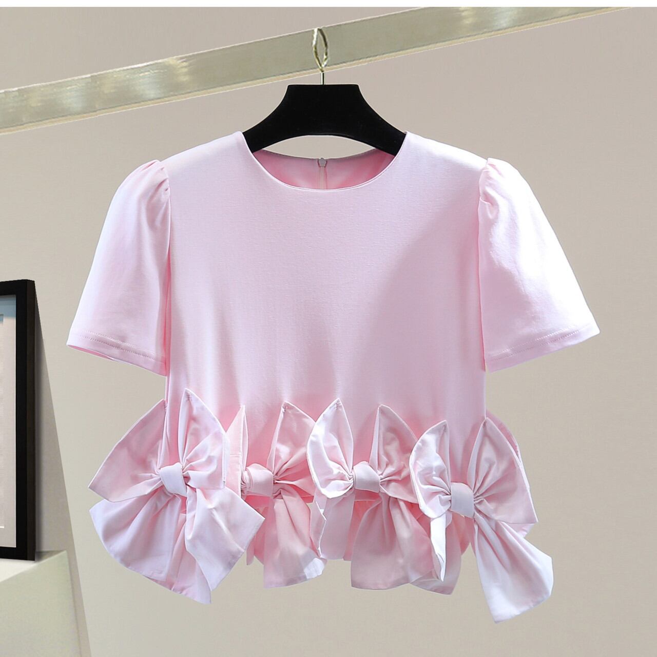 裾リボンデザインショート丈半袖Tシャツ SU1753