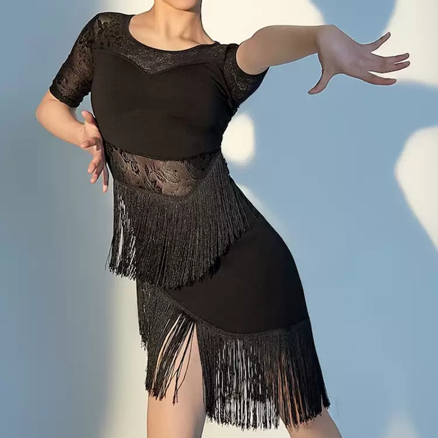 レースデザイン フリンジ ミディ ダンスドレス ds1194