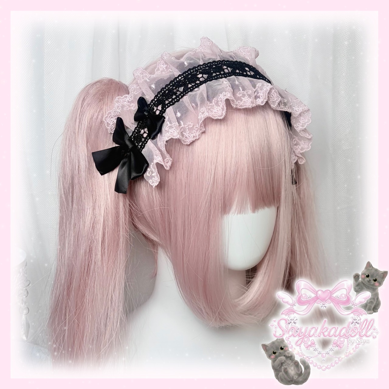 ♡【受注生産】No.10 薔薇刺繍＆黒基調 フリルレース ダブルリボンヘッドドレス black×pink ♡