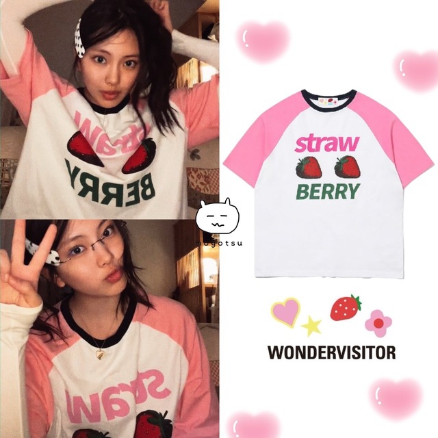 ★New Jeans へイン 着用！！【WONDERVISITOR】Strawberry Overfit Raglan T-shirt [White]