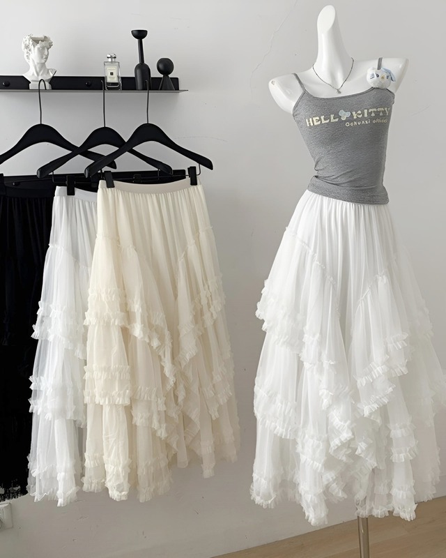 ハイウエストメッシュフリルパフスカート（3 colors）　2503018