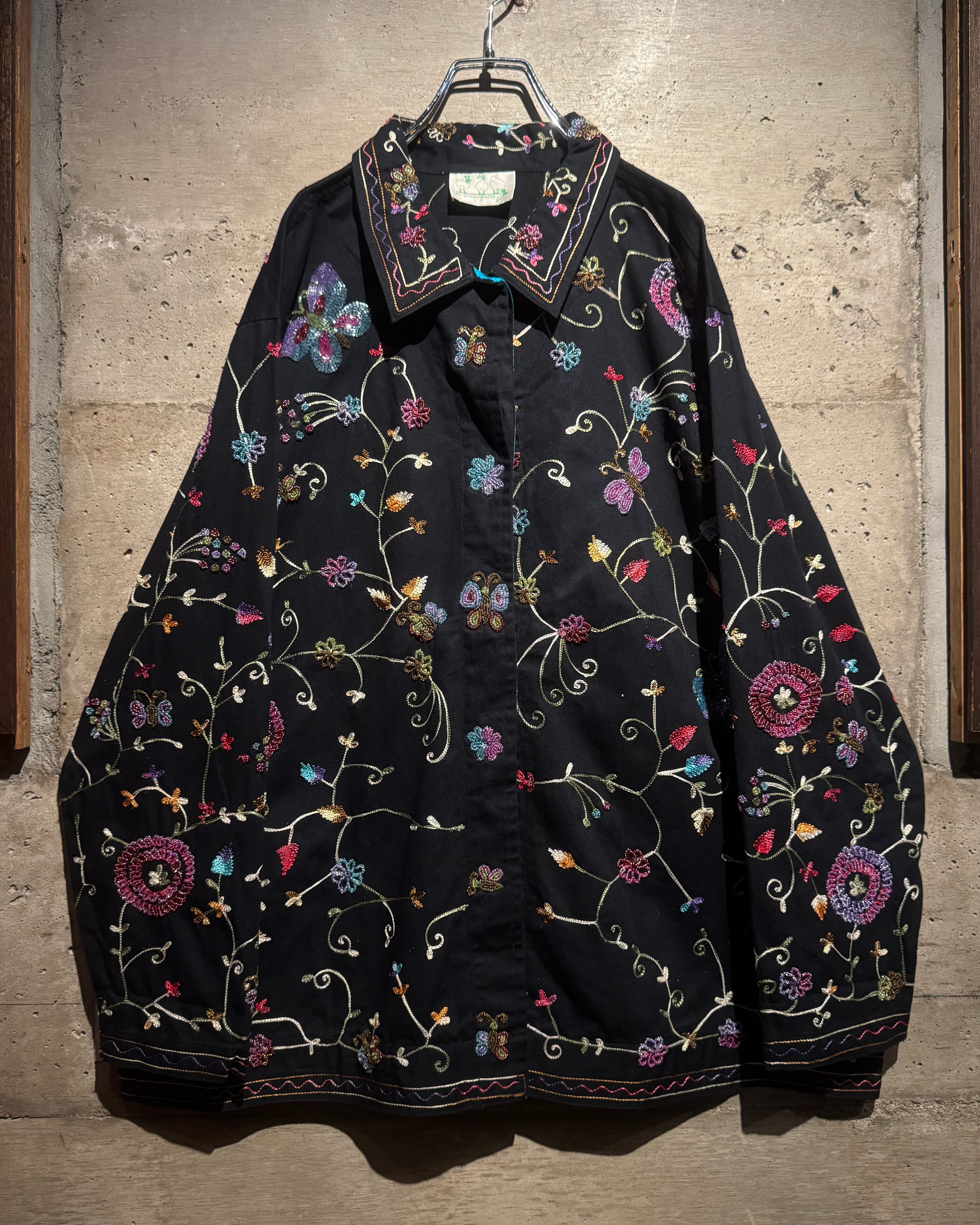 Caka】Bijou × Chain Stitch Flower Pattern Vintage Cotton Jacket