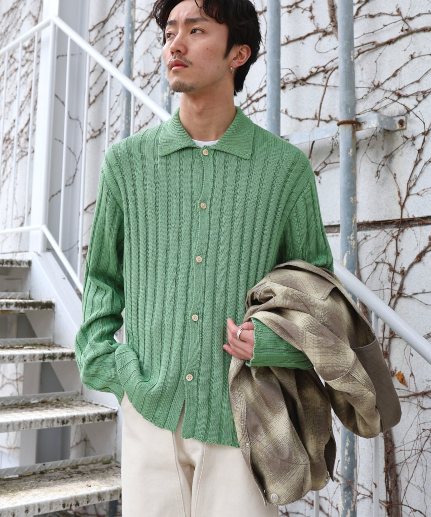 MATSUFUJI / M261-0501 / WIDE RIB KNIT SHIRT (GREEN) | AfterSchool