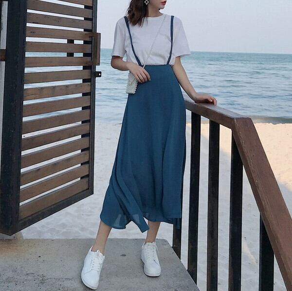 22 春夏 新作 セットアップスカート 2色 セットアップ レディース 2点セット 上下セットレディース サロペットスカート サロペット スカート サロペ スカート フレアスカート ロング ハイウエスト ロングスカート トップス カットソー 半袖 Tシャツ 体型カバー P8481