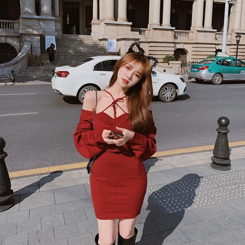 ニットドレス ストラップレスショートスカート スプリングレッド 春物 ブラックストロベリース56038518941