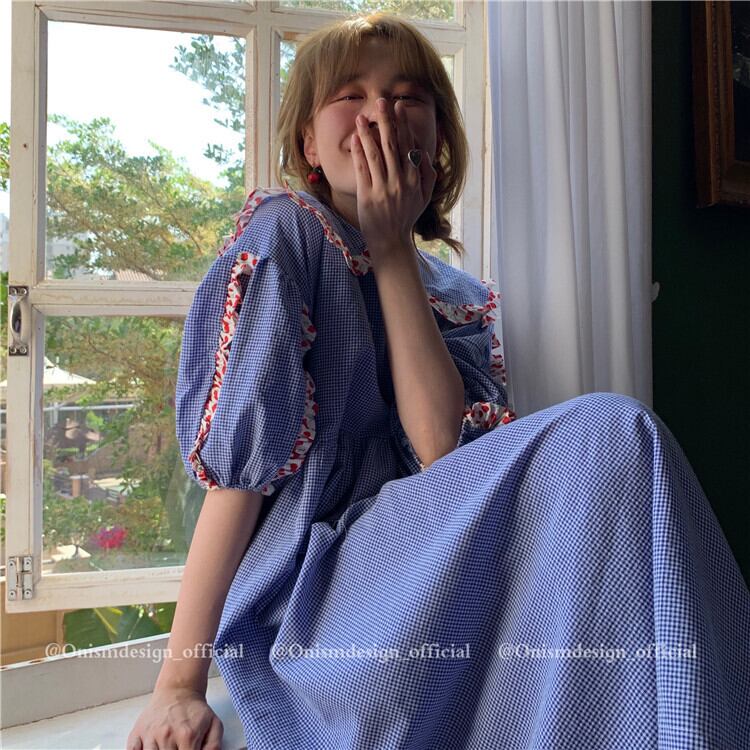 カラー格子柄Aラインスカート サマーロングルーズ半袖スリーブドレス ショート ハーフスリーブ 夏物 ステッチ ビッグFスモールZ韓国94360851897