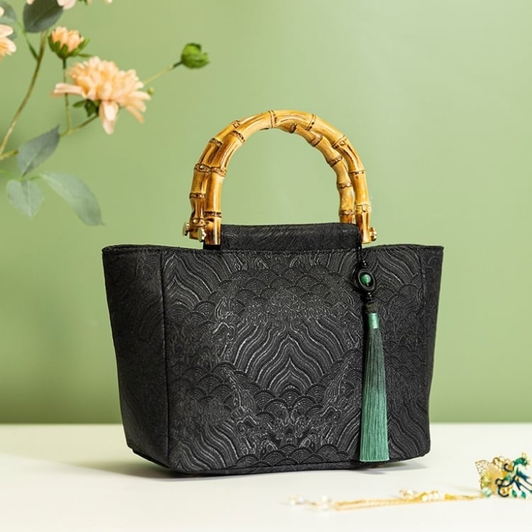 竹製ハンドル付き　チャイナ風ジャカードバッグ　3カラー　YS00107