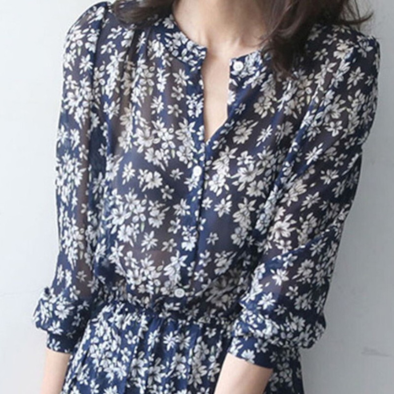 花柄シフォン七分袖ワンピース A00397