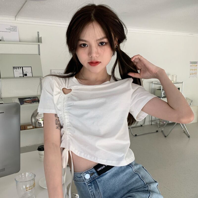 ショートトップス サマーラウンドネックスリムTシャツ 夏物 Oネック ハンチェンe22201265556