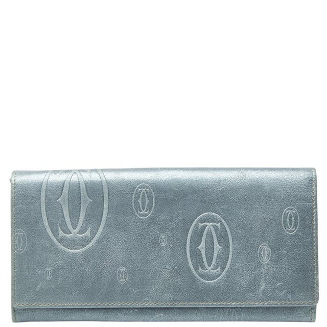 カルティエ ハッピーバースデー ロゴ 長財布 メタリックブルー レザー レディース CARTIER 【中古】