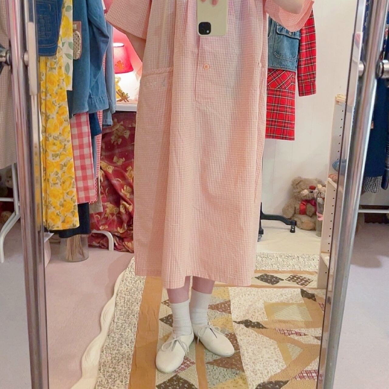 orange gingham check flower one-piece
