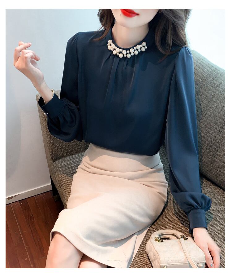 サテンシャツ ハイエンド トップス シャツ 袖あり 長袖 パフスリーブ ハイネック ストレート 大人可愛い シンプル 大人 上品 おしゃれ お洒落 レトロ 大人女子 エレガント 無地 秋 冬 レディース 女性用 ママ OL 学生 デート お出かけ 女子会 休日 パーティー イベント ホテル レストラン ファッション コーデ スタイル インスタ映え サイズ S M L XL 2XL ネイビー