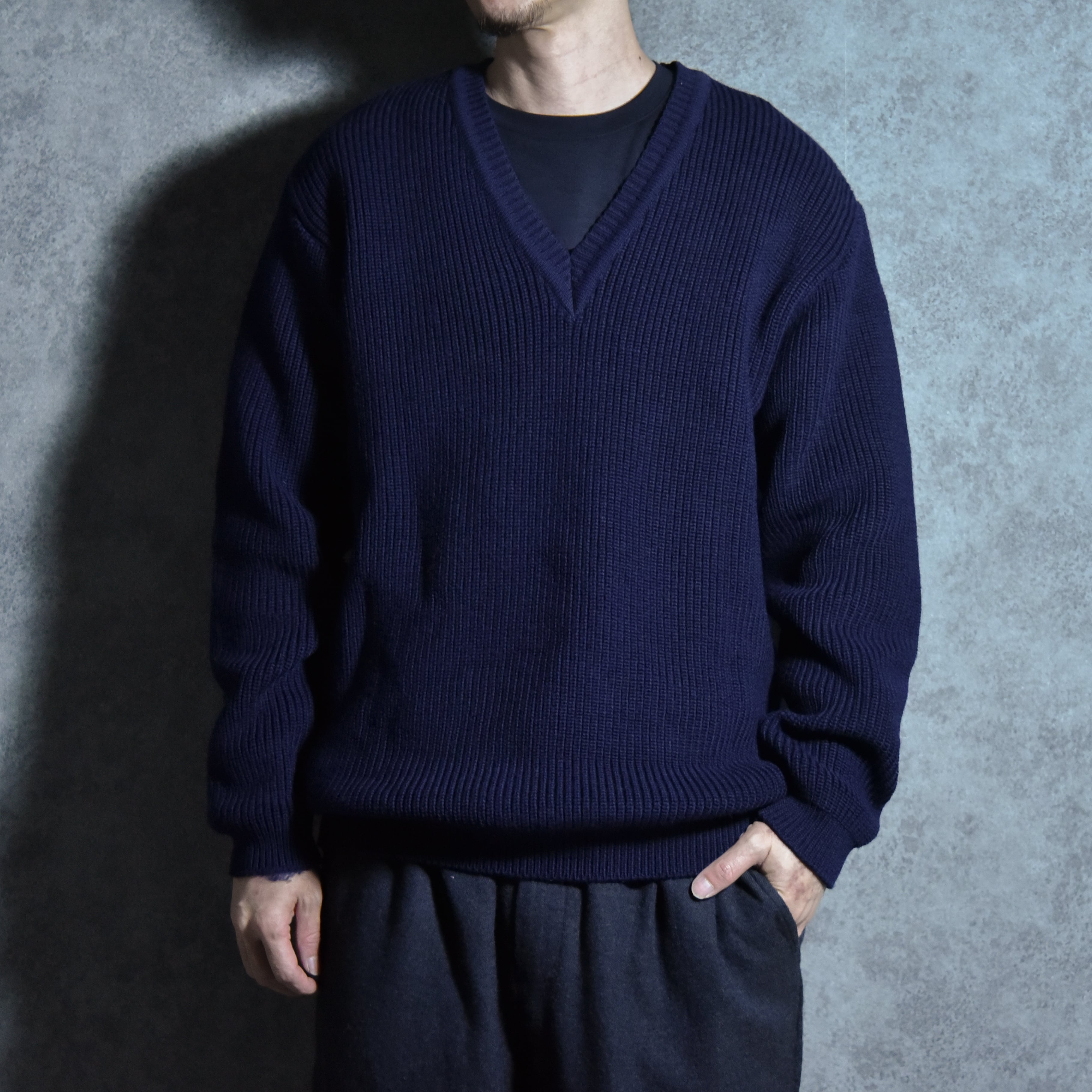 60-70s Barré France Wool V Neck Knit Sweater Navy フランス ウール