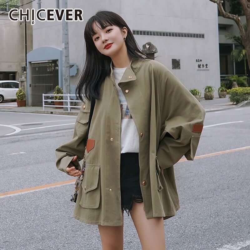 CHICEVERレディース特大コートラック襟長袖パッチワークポケットヴィンテージルーズコート2020春服 ロング スプリング 春物 ビンテージ 6base554591470862
