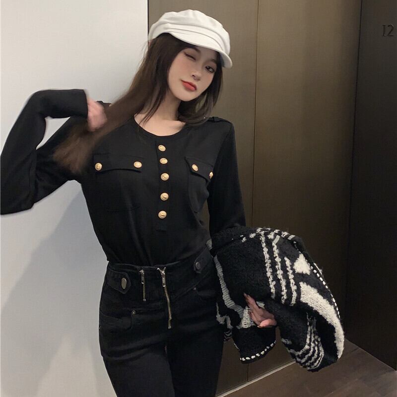 スタイルラウンドネックTシャツ シャツ オータムウィンタースリムブラック ロング 大人ガーリー スウィート キュート カジュアル 秋物 冬物 Oネック ガールズファッション32892939668