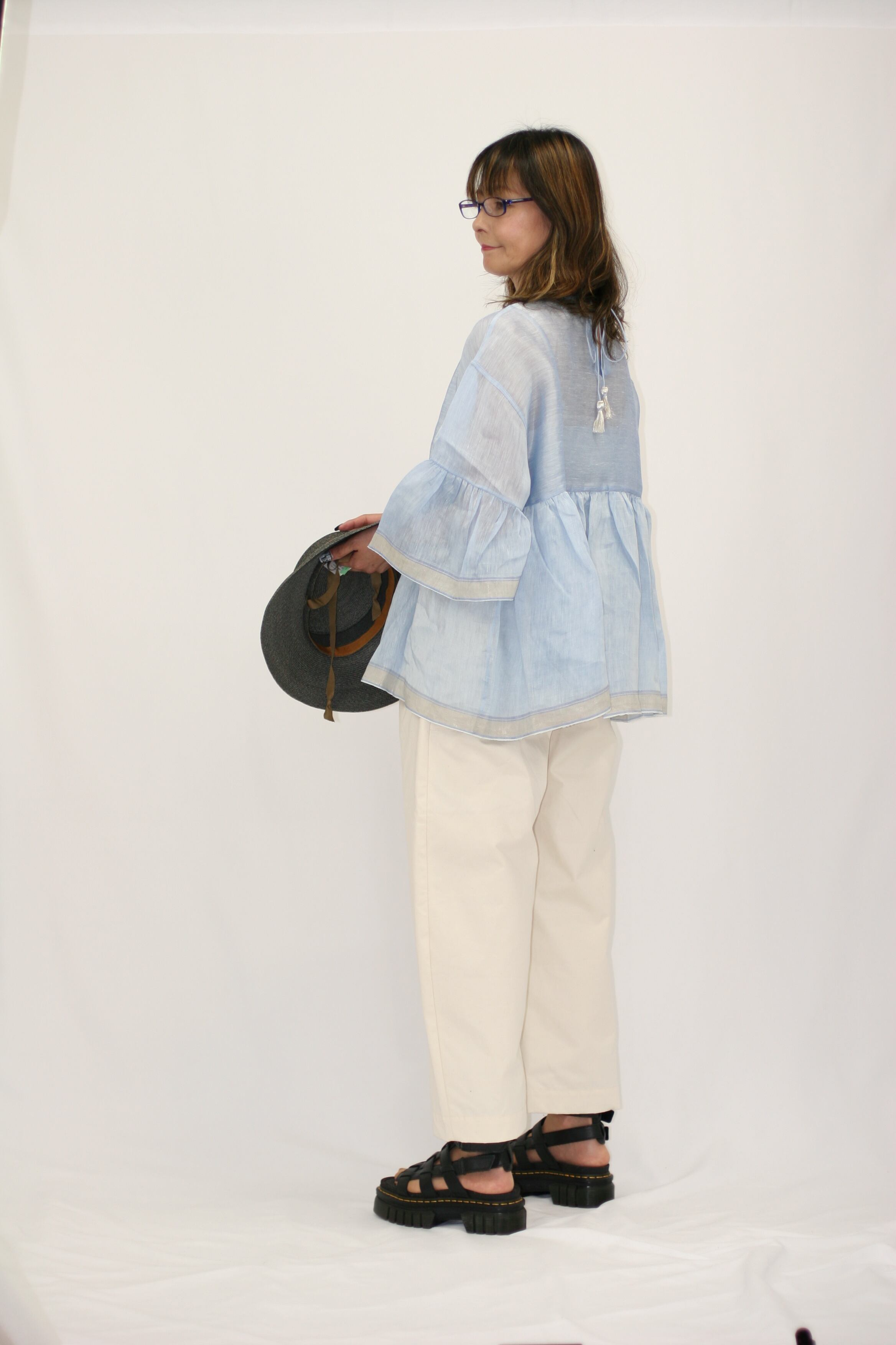 BUNON(ブノン) Wide Sleeve Frill Blouse リネンシルク ワイドスリーブ