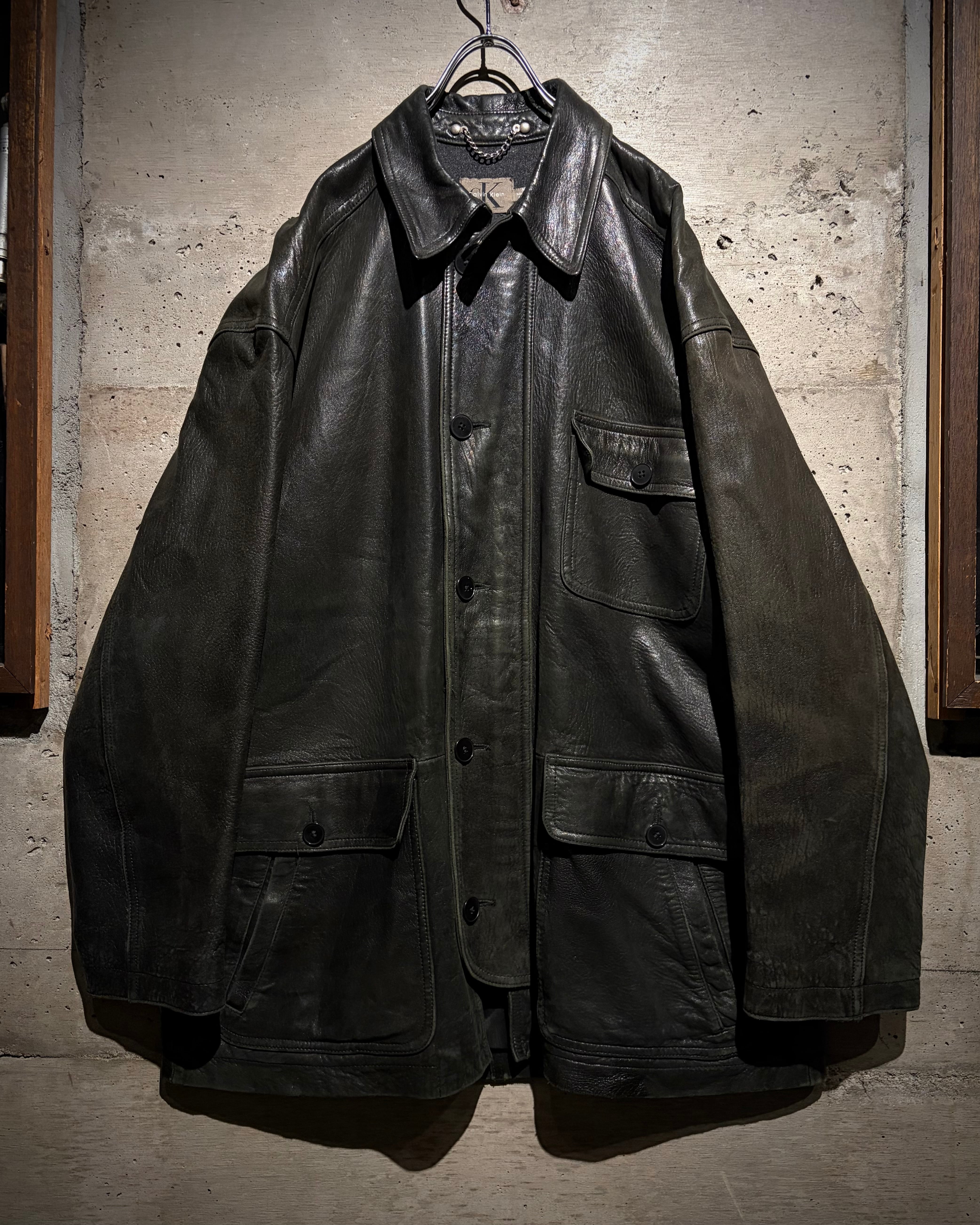 Caka】90's “Calvin Klein” Beautiful Fade Vintage Leather Coverall