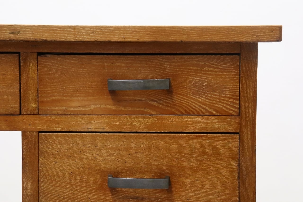 レトロ 楢無垢材 小引き出し付き 片袖机 作業台 PC デスク ヴィンテージ レトロ 楢無垢材 小引き出し付き 片袖机 作業台 PC デスク