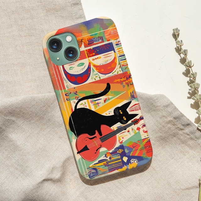 iPhoneケース 黒猫 ウッドベース 音楽｜コントラバス 北欧レトロ CAT023