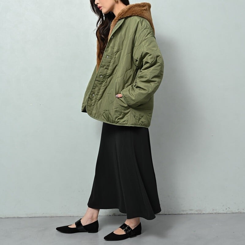 2点SET】ラビット風エコファーフードベスト×キルティング中綿コートSET