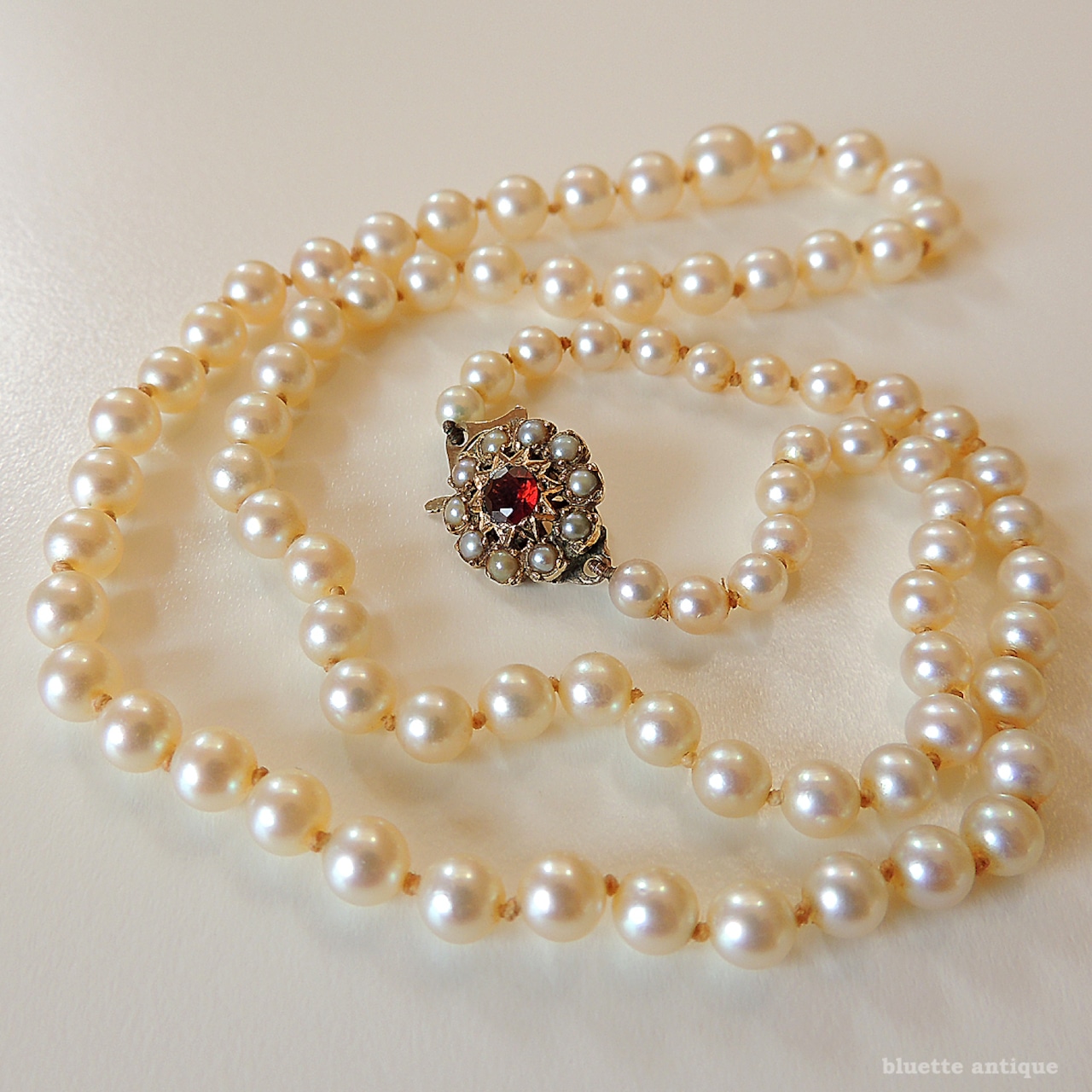 アンティークジュエリー 9ctゴールド アコヤ真珠 天然ロードライトガーネット ネックレス(ソーティングメモ付)