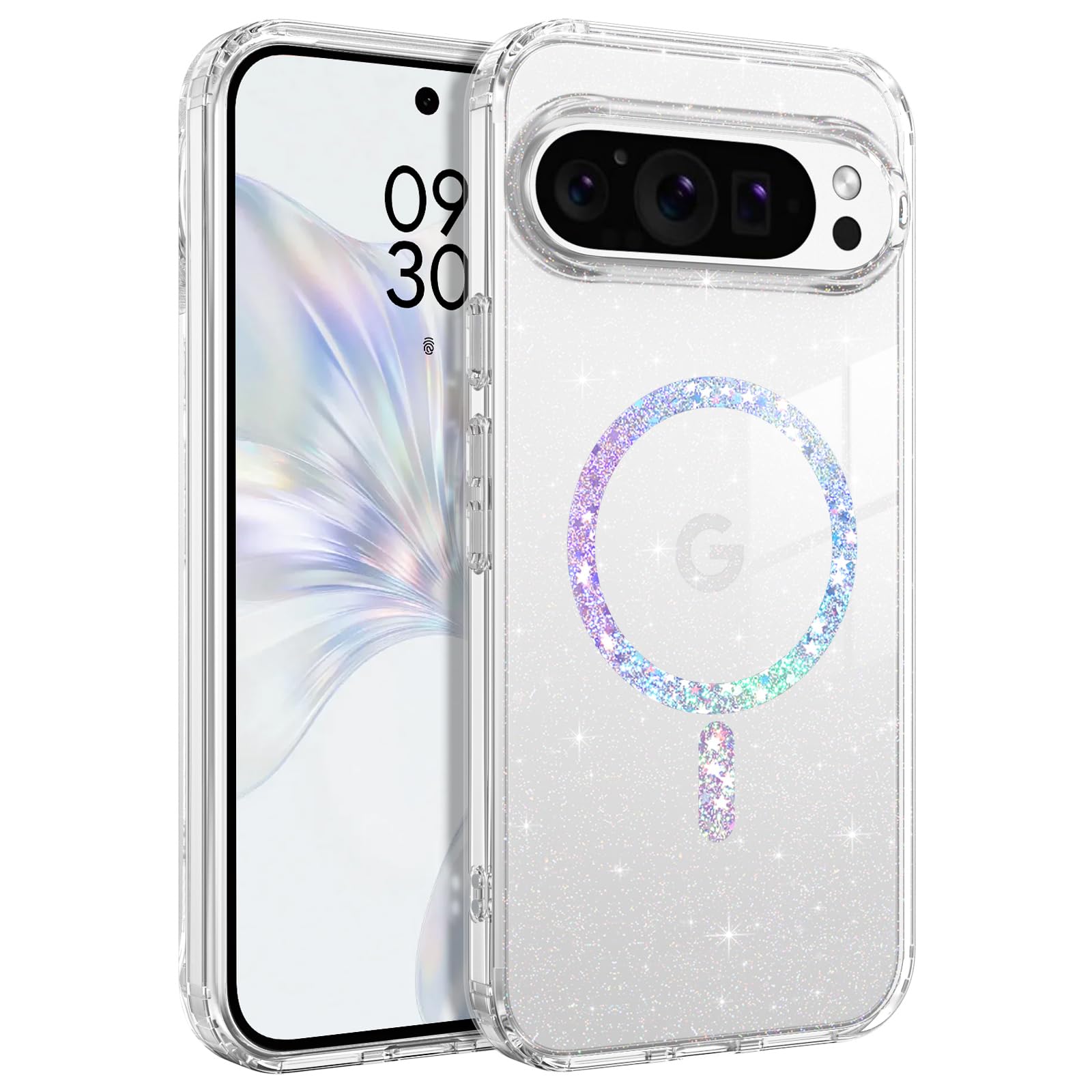DOMAVER Goole Pixel 10/10 Pro ケース Magsafeおよびpixelsnap充電器に対応 ストラップホール付き 薄型 透明 ラメ入り キラキラ 可愛い 韓国 ハードPC ソフトTPU 衝撃吸収 女性用 レンズ保護 グーグルピクセル10/10プロ スマホケース 6.3インチ クリア