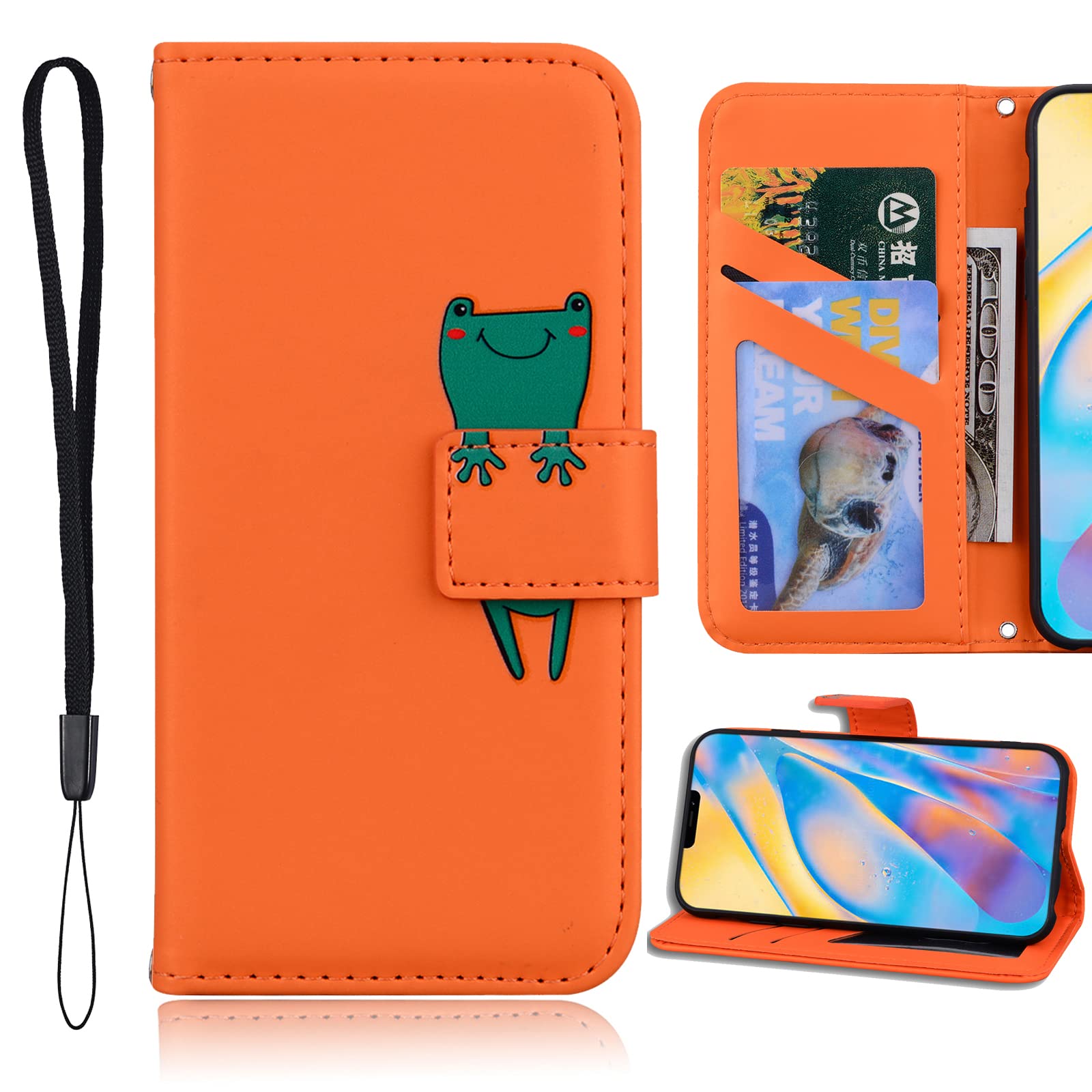 Oppo Reno7 A / Reno9 A ケース 手帳型 OPG04 au A201OP CPH2353 SIMフリー ワイモバイル 楽天モバイル 全対応 おっぽ りの7A ネノ9A 手帳ケース オッポリノ7A カバー 携帯ケース oppo case スマホケース 携帯カバー 肌触り良い革 柔らかいTPUケースカード収納 カードホルダー ベルトマグネット スタンド機能 カエル オレンジ