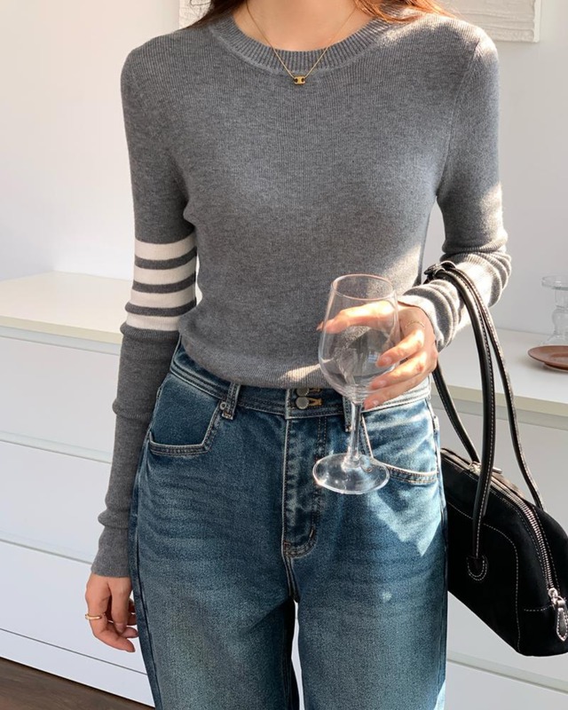 ボーダースリーブクルーネックニット 2color A0700