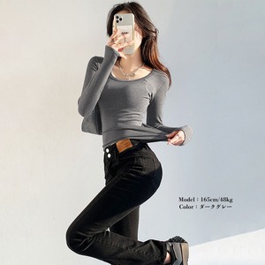 長袖 Tシャツ レディース 春秋冬 韓国 ショート丈 Uネック 裏微起毛 トップス シンプル 大人 カジュアル インナー ストレッチ 大人可愛い 大人女子