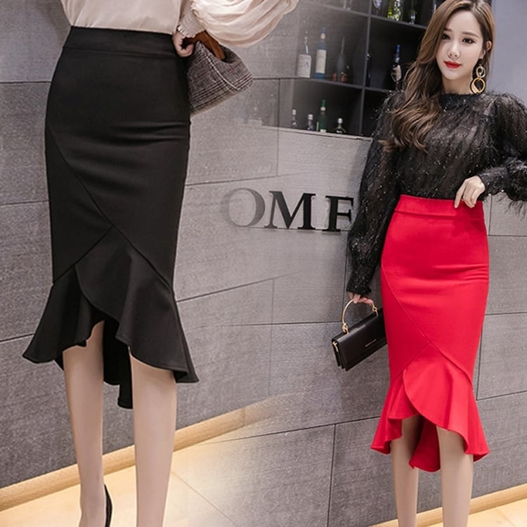 マーメイドスカート レディース 送料無料 2色 裾フリルスカート