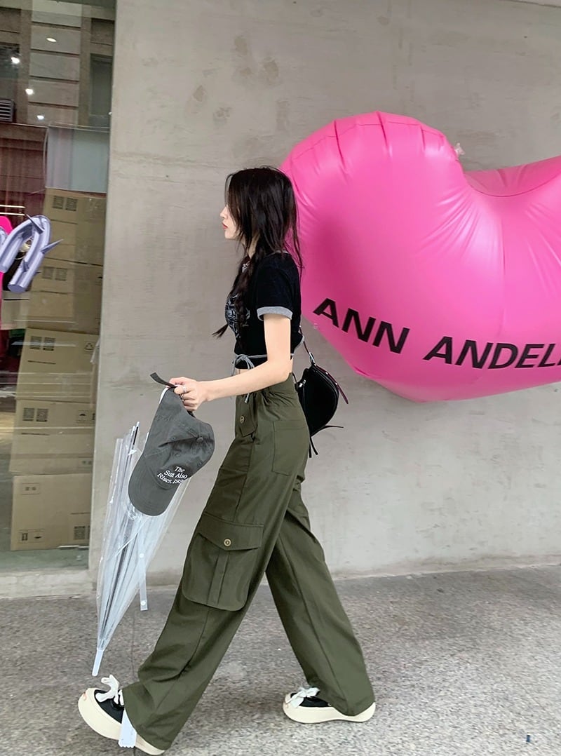 韓国通販 dgo】3colors ハイウエストカーゴパンツ ピンク/アイボリー