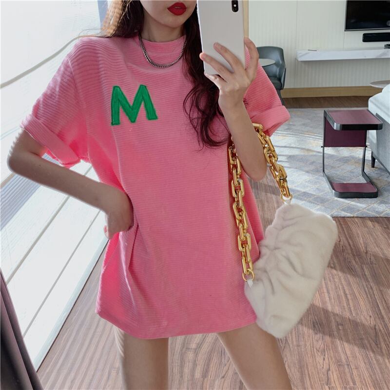 Tシャツ シャツ 刺繍ルーズスプリングサマー ピンク 春物 夏物 ブラックストロベリース2985875825