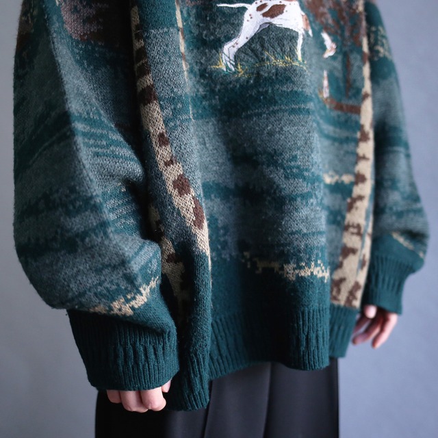 "刺繍" dog and birds forest pattern over size knit sweater
