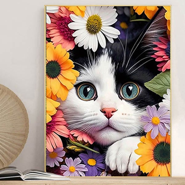 中級 フル ダイヤモンドアート キット ビーズ刺繍 猫 花畑 のぞき見