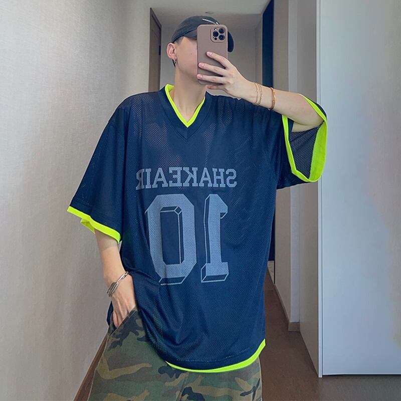 dannyandzeeカラフル配色メッシュユニフォームVネック半袖Tシャツ