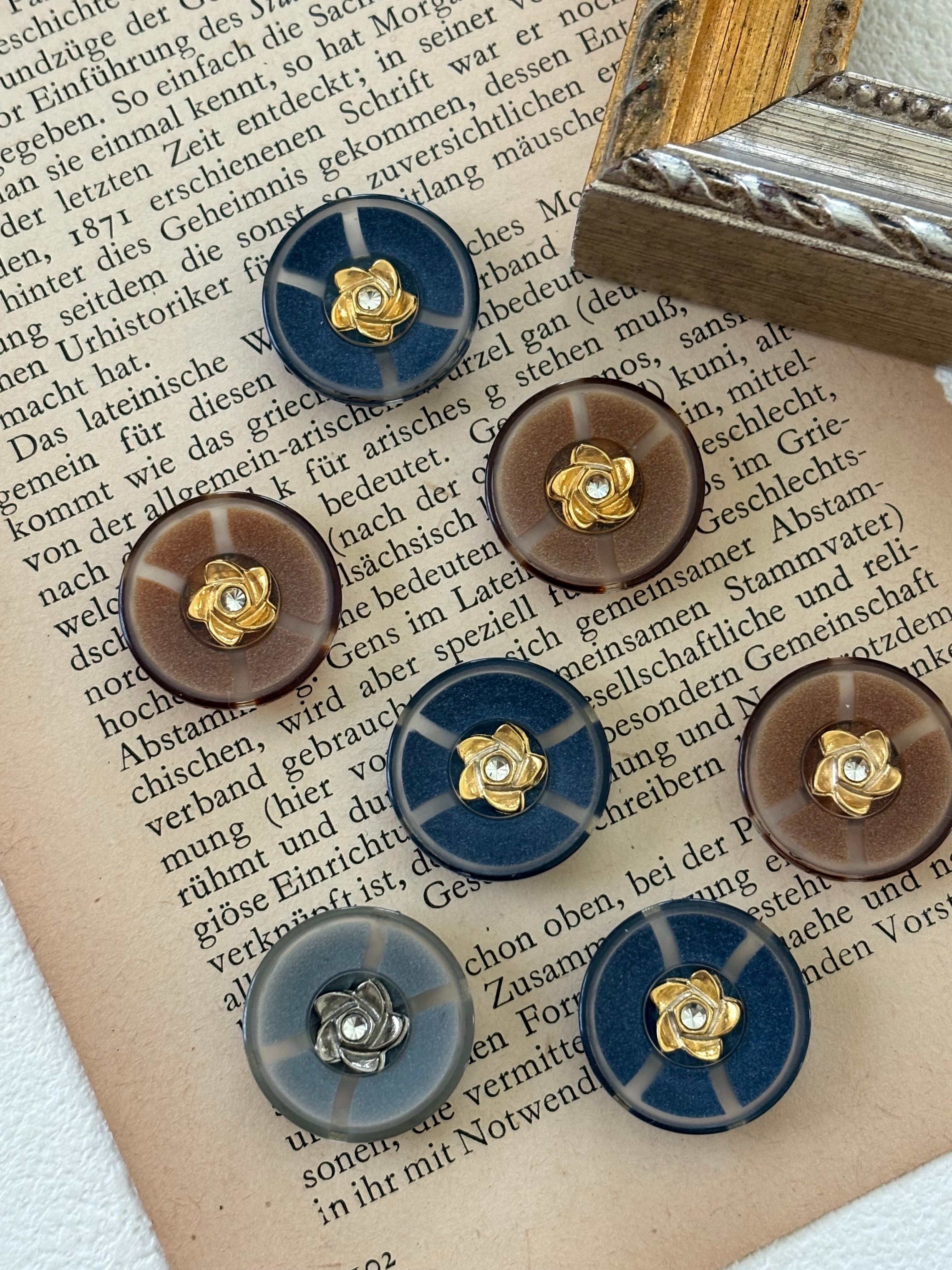 20mm Japanese Vintage ボタン フラワー ストーン ブラウン/ネイビー/グレー レトロ アクセサリーパーツ カルトナージュ デコレーション