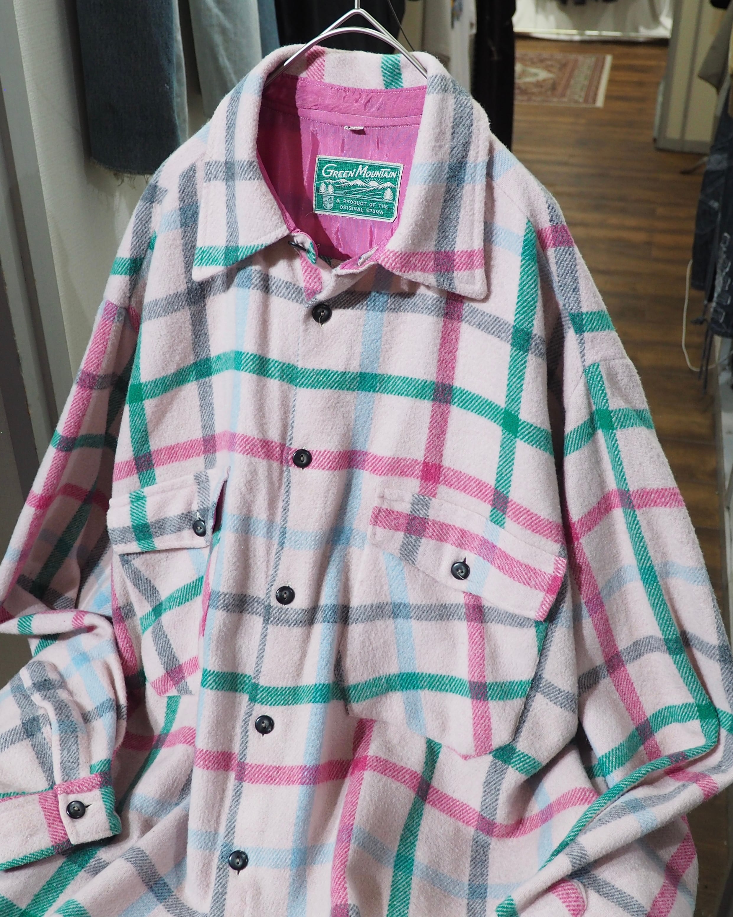 1980s " Green Mountain " Pale Pink Check Pattern Vintage Loose Flannel Shirt