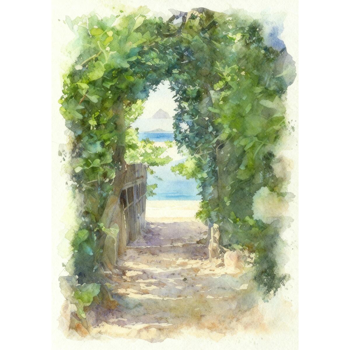 絵画 風景画 日本 沖縄県 本部町 備瀬のフクギ並木 インテリアアート額付き 水彩画風 WAT1675