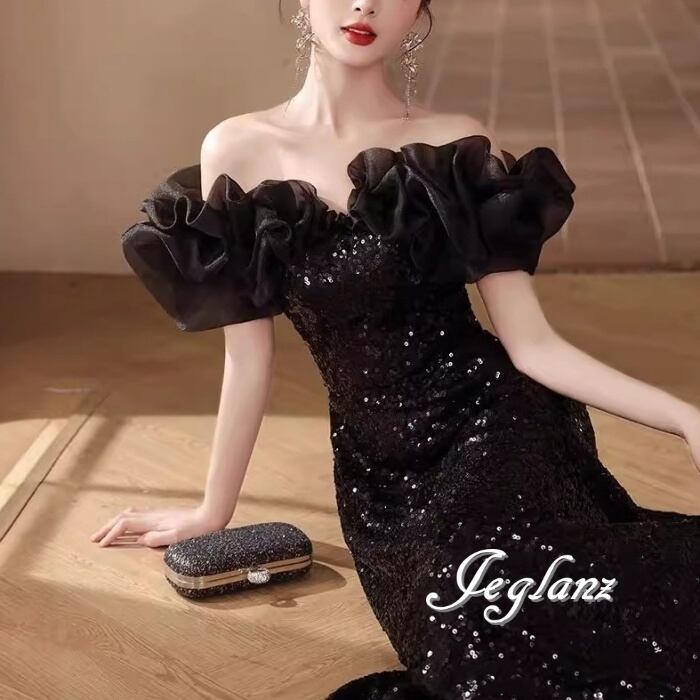 イブニングドレス オフショル 背中 編み上げ スパンコール 光沢感(M9120)ζ