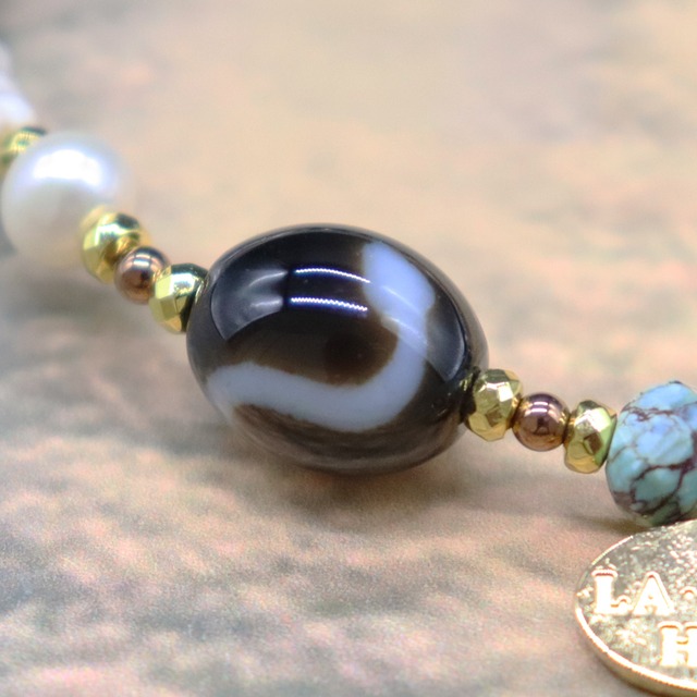 【Be Loved Turquoise】白蛇天珠×ターコイズ×パール×マグネサイト ブレスレット