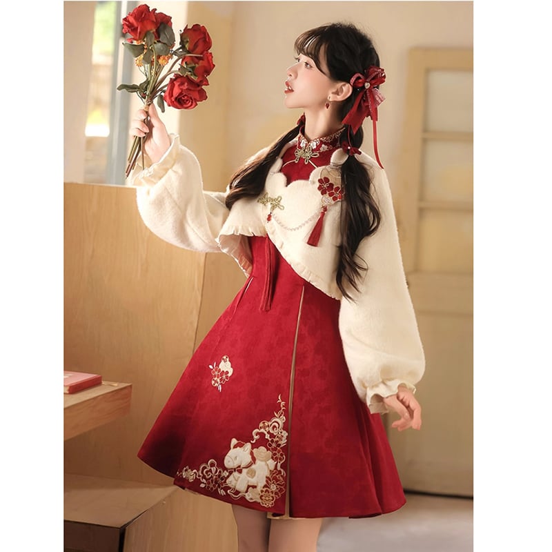 漢服 3点セット 宮廷風 ボア外套 花刺繍 冬コス 中華街 送料無料 ❤モダン中華風 可愛いセット！【楓竹シリーズ】☆チャイナ風