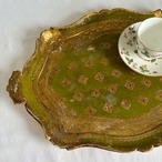 木製トレー　ヴィンテージトレイ　イタリアン工芸　取っ手付き　ゴールドグリーン 19otm5