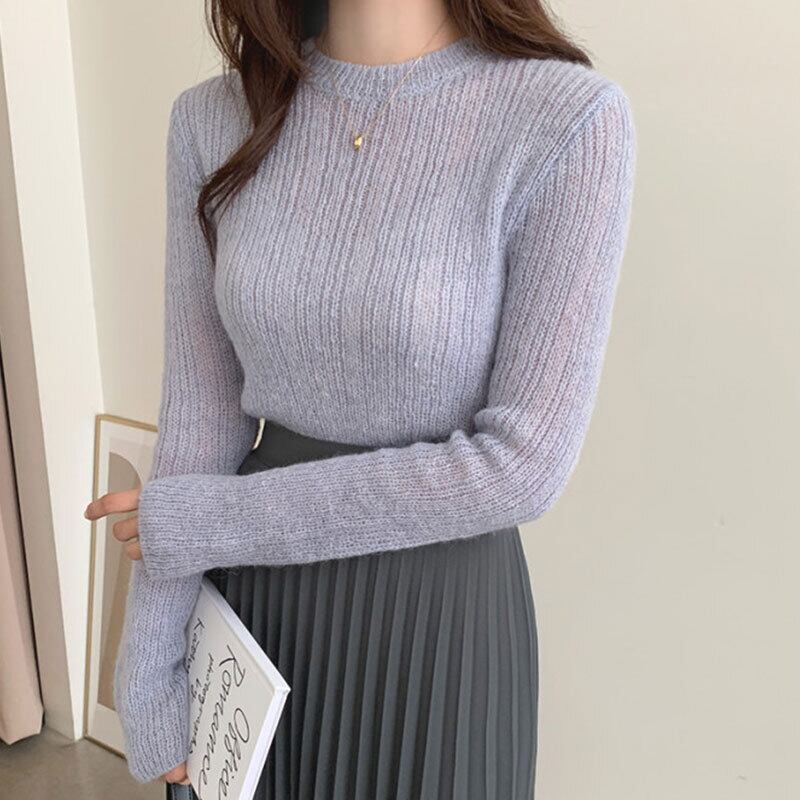 トップス レディース セーター 5カラー フリーサイズ グレー ホワイト ピンク ブルー イエロー カラバリ ニット ローゲージ クルーネック 長袖 萌え袖 無地 ニットソー プルオーバー シアー 透け感 シンプル カジュアル きれいめ フェミニン キュート 大人可愛い おしゃれ 普段使い デート お出かけ 女子会 休日 旅行 通勤 通学 着まわし ファッション コーデ スタイル モテ 送料無料 韓国系 春 秋 冬