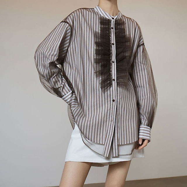 メッシュフリルドッキングストライプシャツ［S-XL］