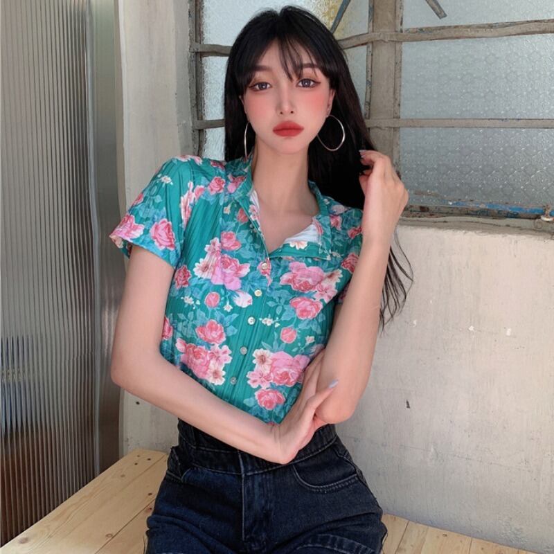 サマースタンダードフローラルスリムクロップドトップス レディース レトロ 夏物 花柄 ハンチェンe32158311484